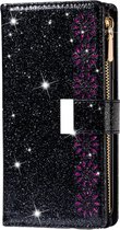 Hoesje geschikt voor iPhone 15 - Bookcase - Koord - Pasjeshouder - Portemonnee - Glitter - Bloemenpatroon - Kunstleer - Zwart