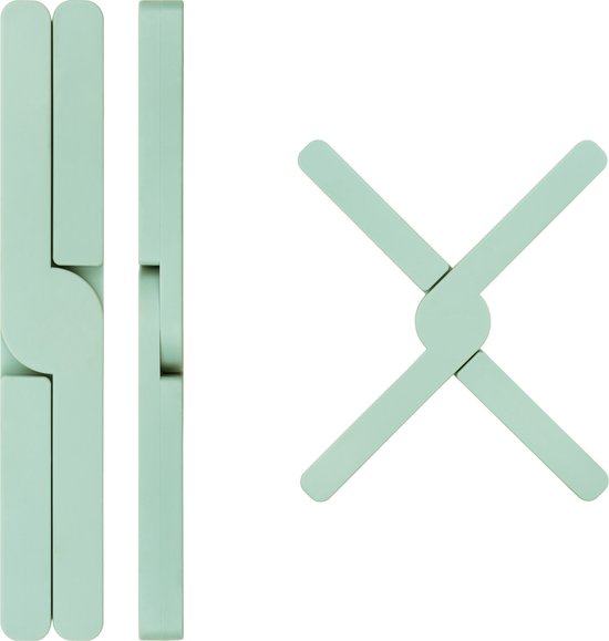 Mintgroene, opgevouwen en open pannenonderzetter.