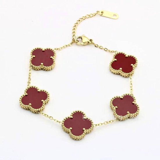 EHHbeauty cadeau vrouw- Klaverarmband rood - Luxe armband - Clover - Klaver - 21 cm - Stainless steel - Accessoires