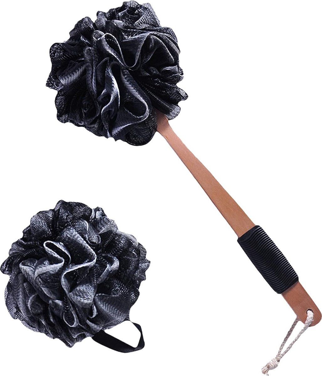 Goedkoopste Badspons, borstel, douchespons, massageborstel, met lange douchespons, zeepspons, badspons met lange handgreep, 2 stuks voor peeling en reiniging van huid, peelingspons voor lichaam en rug (zwart