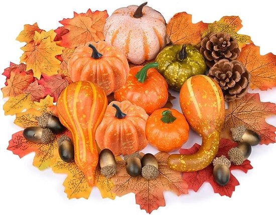 Foto: Kunstpompoenset 50x stuks herfstdecoraties halloween pompoendecoratie kunstmatige herfst esdoornbladeren eikels dennenappels thanksgiving decoratie voor thuisdecoratie