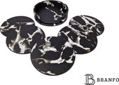 Branfo - Luxe Kunstleren Onderzetters voor glazen - marmer look - Onderzetter Set van 6 stuks - Stijlvolle Houder - Zwart Wit