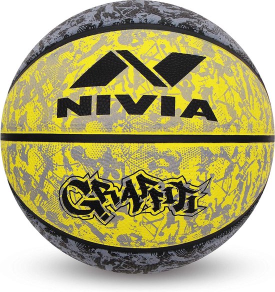 Nivia Graffiti Basketbal/Materiaal Rubber/Gerubberd Gegoten/Paneel 8/Geschikt voor: Indoor Wedstrijden/Maat - 7 (Zwart/Geel)