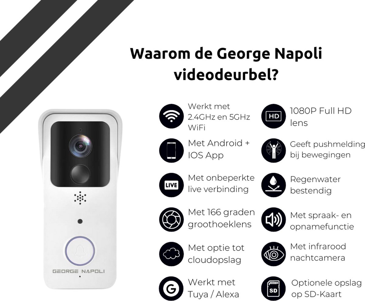 George Napoli Video Doorbell HD - Sonnette sans fil - Sonnette avec caméra  - Sonnette
