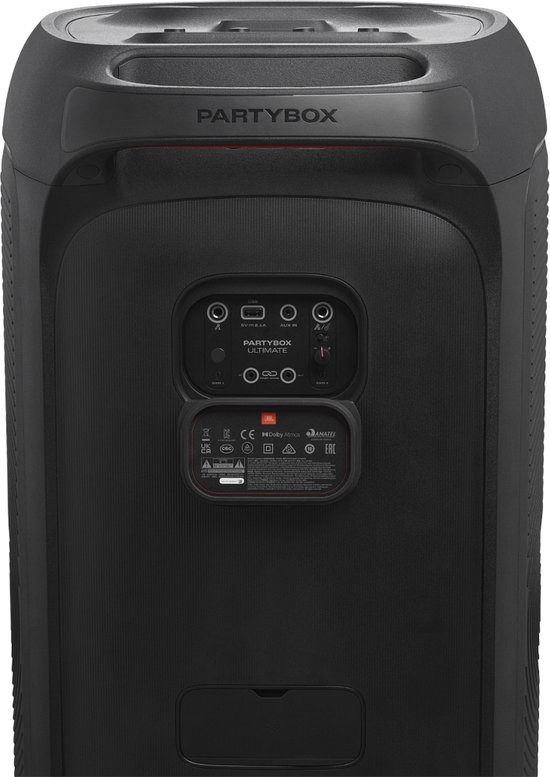 Zwarte JBL PartyBox Ultimate met handvat bovenaan en diverse aansluitingen aan de achterzijde.