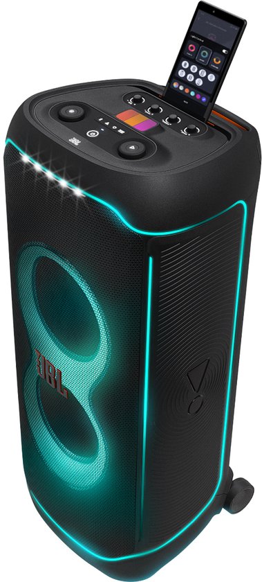 Zwarte JBL PartyBox Ultimate met blauwe LED-verlichting en een '8' vormige lichtshow.