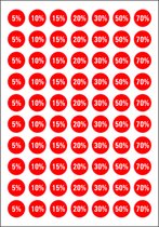 Korting stickers diverse percentages op vel - 70 stuks