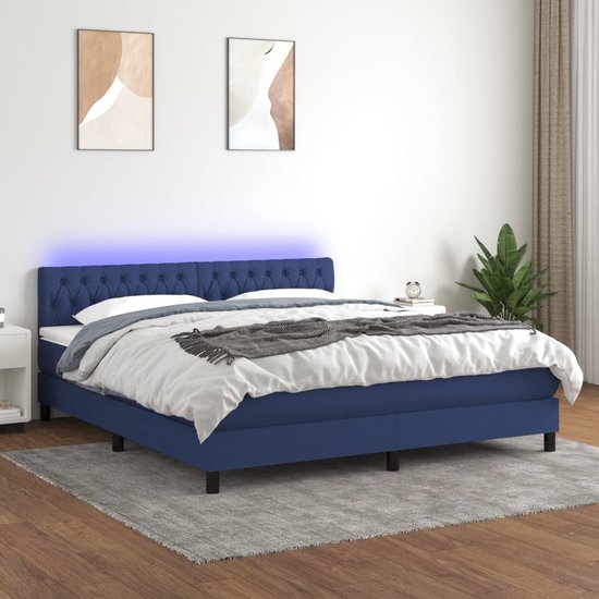 The Living Store Boxspring - Blauw - Bedframe met verstelbaar hoofdbord - 203 x 160 x 78/88 cm - LED-verlichting - Pocketvering matras - Huidvriendelijk topmatras - Complete set