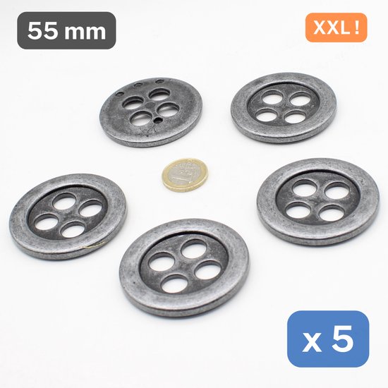 Foto: 5 mega grote knopen gemetaliseerd nylon maat 55mm italiaanse kwaliteit kleur oud zilver