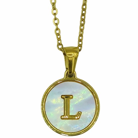 Initiaal Ketting - Letter L in Parelmoer Coin hanger - Premium Staal
