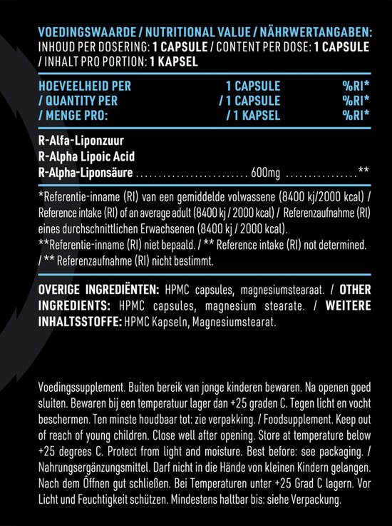 Voedingswaarde-informatie voor R-Alfa-Liponzuur 600mg met ingrediëntenlijst.