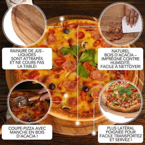 Planches à Pizza En Bois D’acacia – Lot De 2 Assiettes Rondes De 40 Cm Avec Poignée – Pour Servir Pizza, Pain, Fruits – Planche à Découper Multifonction - 10