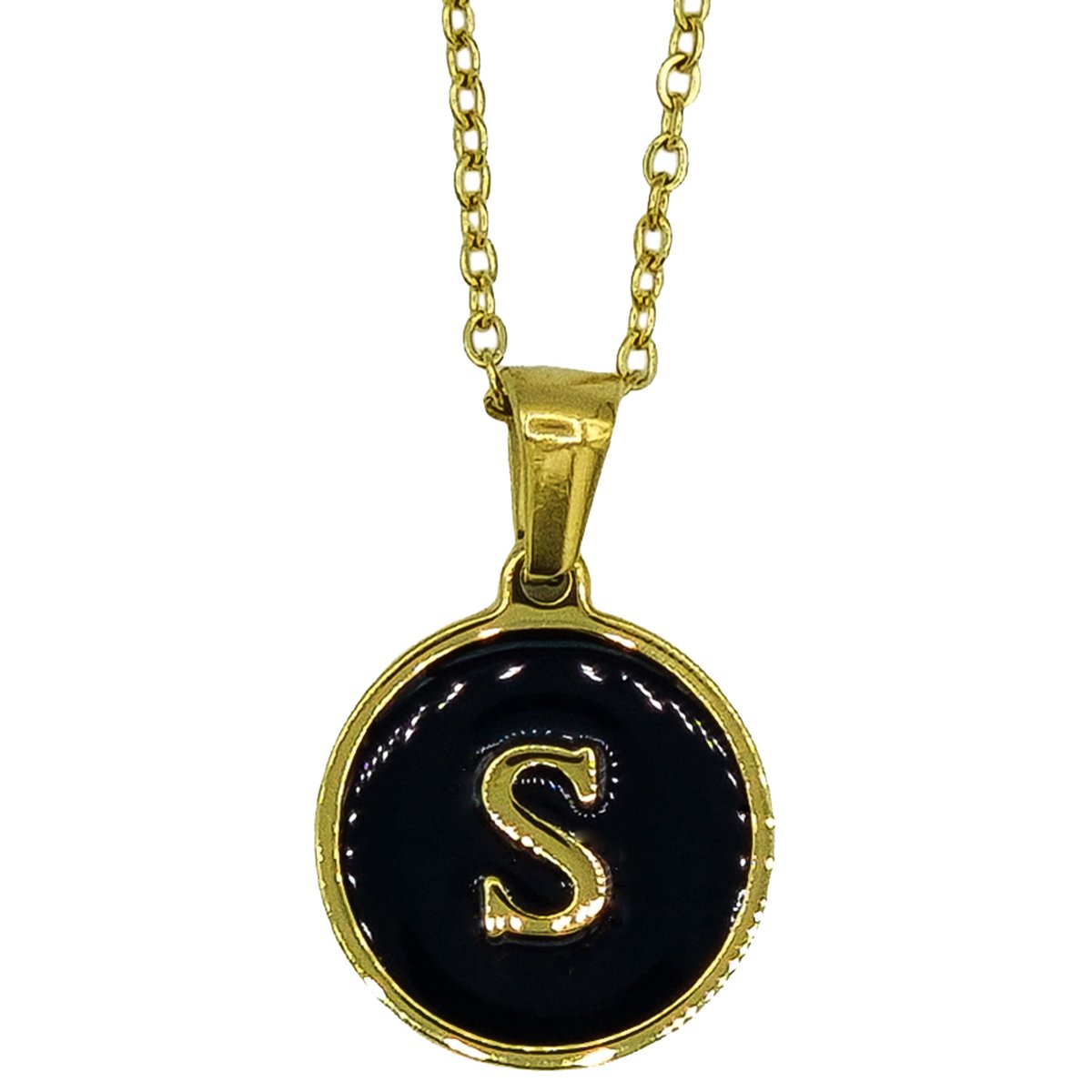 Initiaal Ketting - Letter S in zwart Emaille glas Coin hanger