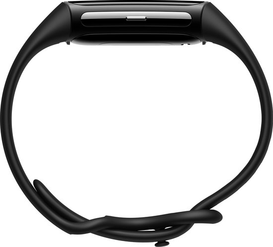Zwarte Fitbit Charge 6 activity tracker van boven bekeken.