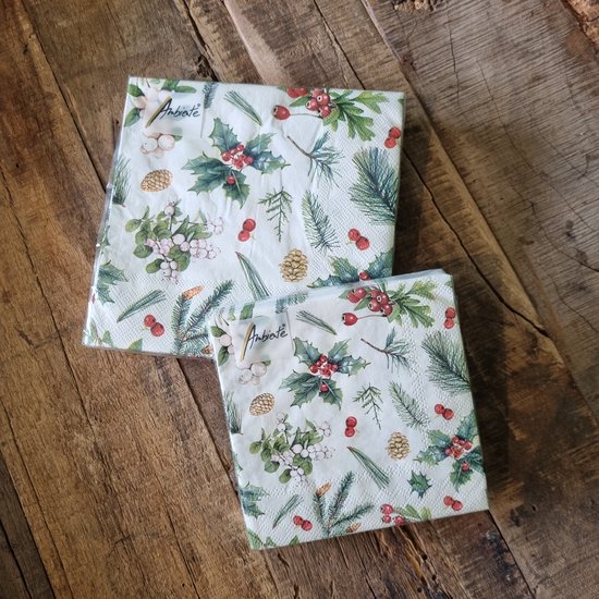 Ambiente servetten Kerst - Wintergroen - 2 pakjes 33x33cm en 25x25cm - wit groen rood - kerstservetten