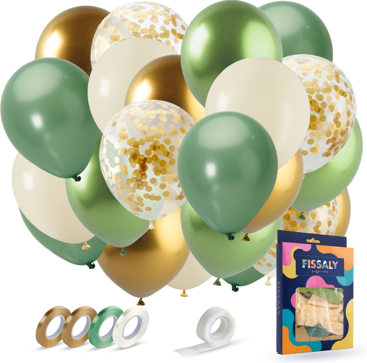 Fissaly 40 stuks Olijfgroen & Gouden Ballonnen Set met Lint – Feest Decoratie – Verjaardag Versiering – Papieren Confetti - Helium - Fissaly