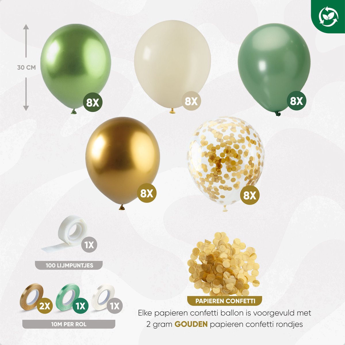 Fissaly 40 stuks Olijfgroen & Gouden Ballonnen Set met Lint – Feest Decoratie – Verjaardag Versiering – Papieren Confetti - Helium — afbeelding 2