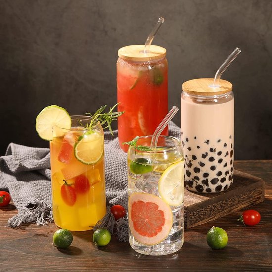 Bubble tea kopjes met deksel en rietje set van 2, drinkglazen met bamboe deksel en glazen rietje, ijskoffieglazen voor ijskoffie, cocktail, smoothieglas, bier, koude kopjes 480ML van CSYY — afbeelding 3