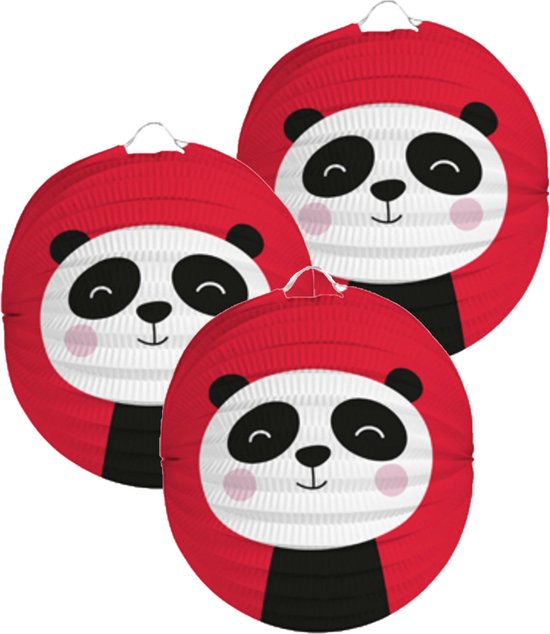 Folat Lampion panda - 3x - 22 cm - rood - papier - Sint maarten/kinderfeestje lampionnen