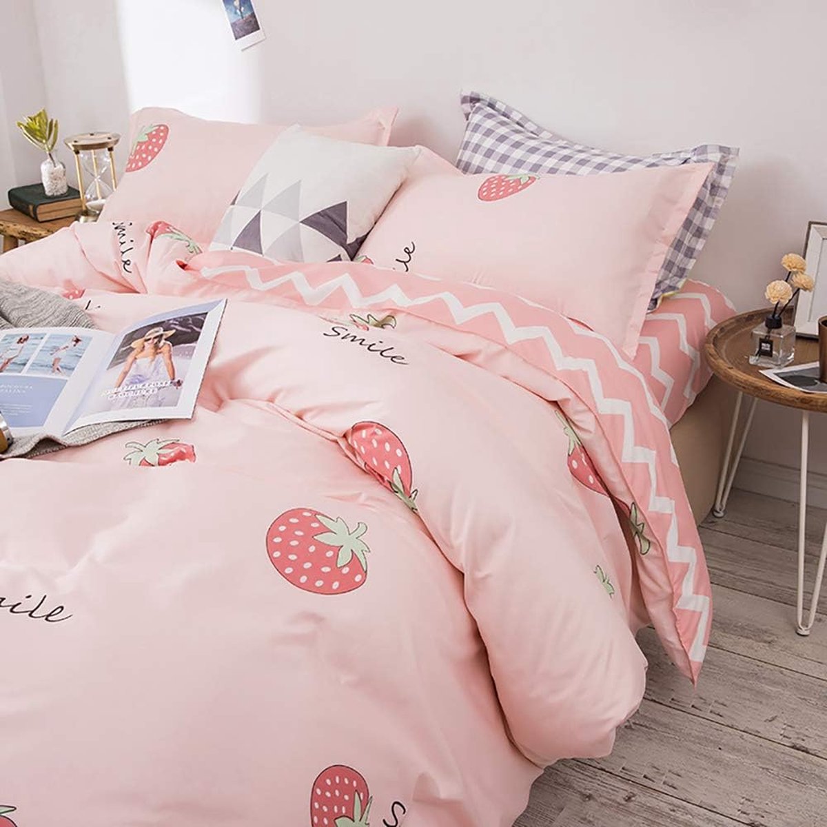 Lanqinglv Beddengoed voor kinderen, 135 x 200 cm, roze aardbeien, meisjes, beddengoed met hartjespatroon, Öko-Tex beddengoedset, dekbedovertrek met ritssluiting en 1 kussensloop 80 x 80 cm