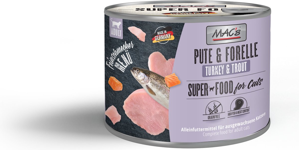 MACs MAC's Superfood Kattenvoer Fijnproever Natvoer Blik - Kalkoen & Forel 6x 200g met hoog vers vleesgehalte 99%