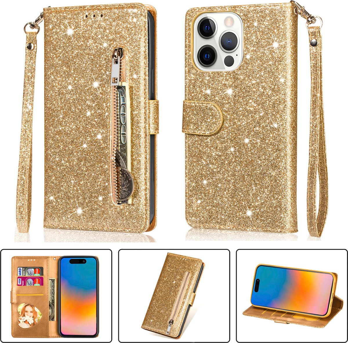 Glitter Telefoonhoesje geschikt voor Apple iPhone 15 Pro - Hoogwaardig PU Leren iPhone 15 Pro Hoesje - Goud