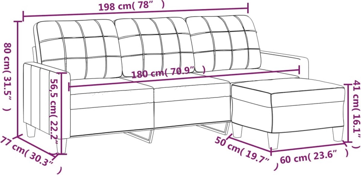 vidaXL Driezitsbank - met - voetenbank - 180 - cm - kunstleer - grijs
