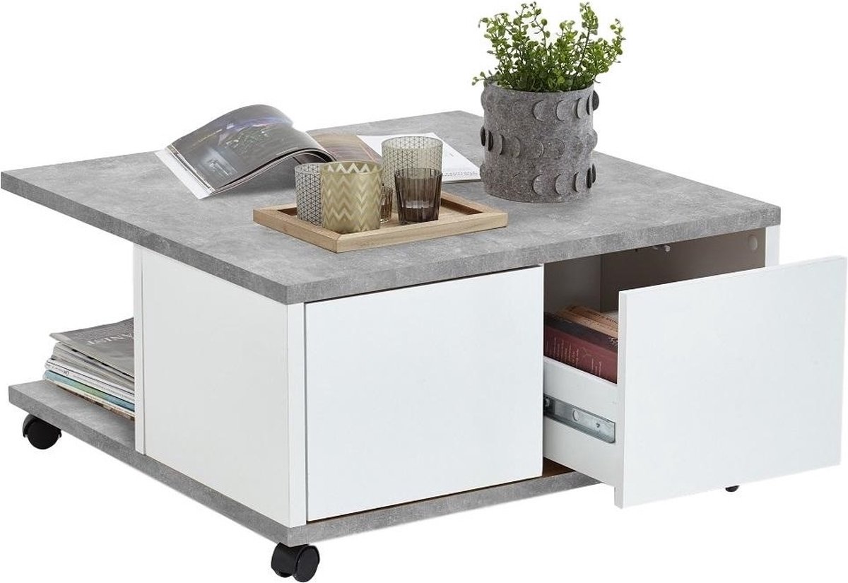 Vierkante salontafel Twin 70x36x70 breed in grijs beton met wit