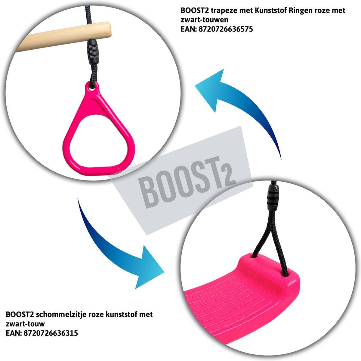 BOOST2 trapeze met Kunststof Ringen roze met zwart touw voor schommel — afbeelding 5