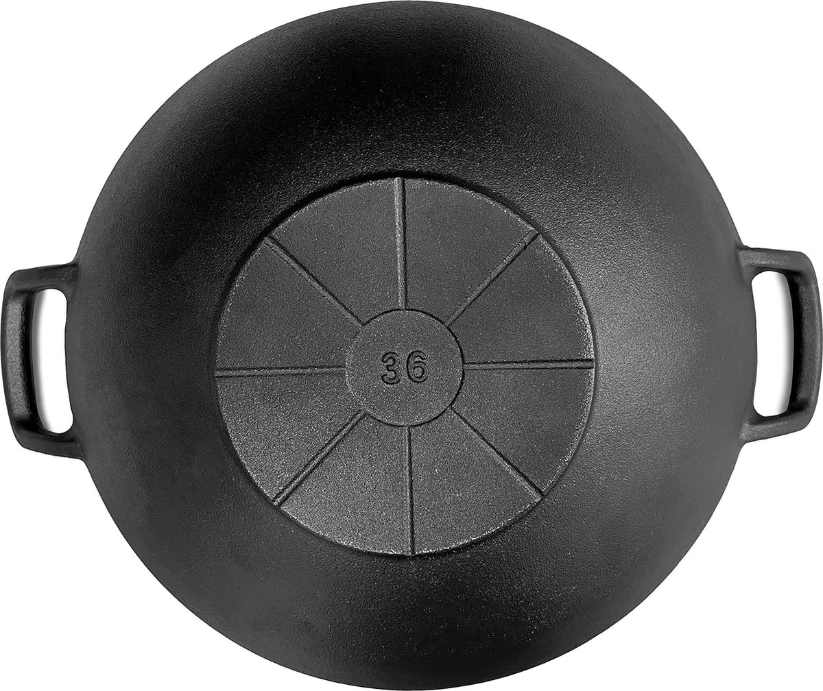 Poêle Wok émaillée, fonte, induction, 31 cm, grande, poêle wok grill,  manche en bois