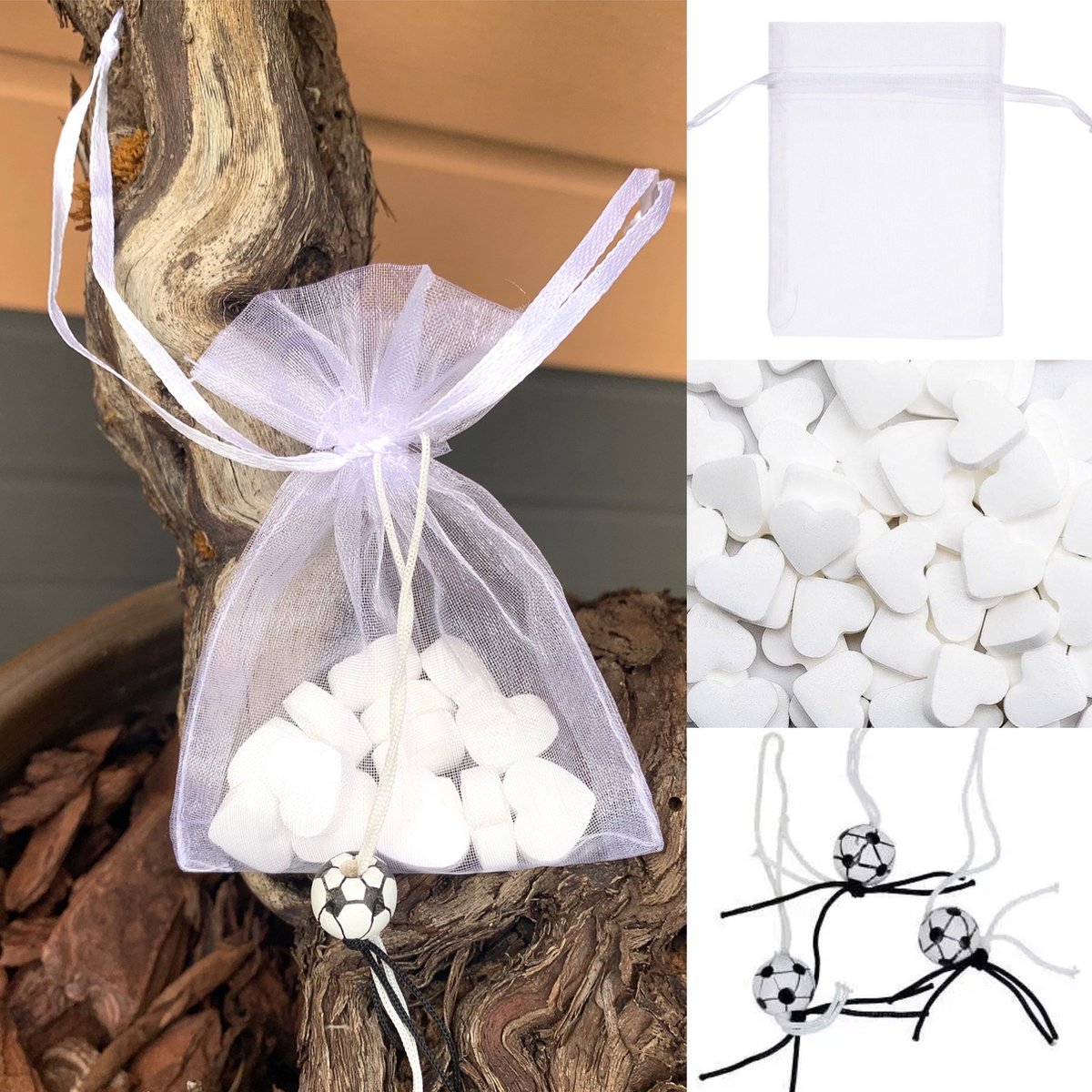 10 Organza zakjes wit met gelukspoppetje en 15 hartvormige mini pepermuntjes en een gelukspoppetje voetbal - voetbal - EK - WK - bedankje - traktatie - gelukspoppetje - organza zakje