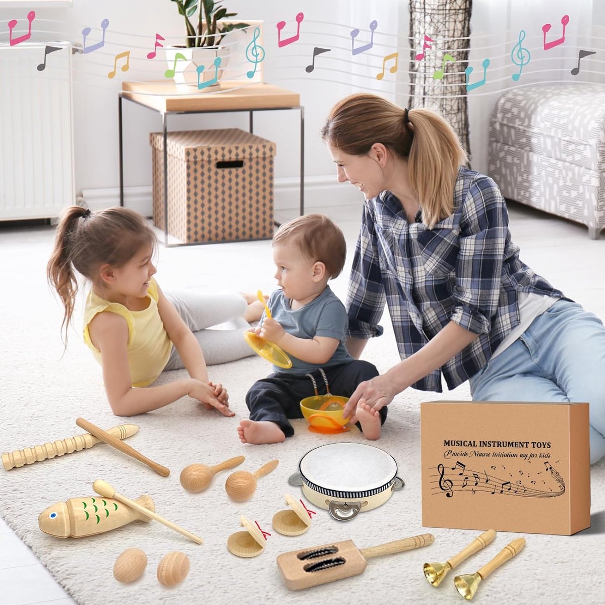 Dioche Tambourin Bois avec Clochettes - Instrument Musique Enfant