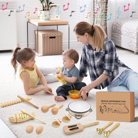 Muziekinstrumentenset voor kinderen, muziek, kinderspeelgoed, houten percussieset met opbergtas, houten speelgoed, babyspeelgoed voor meisjes en jongens - Merkloos