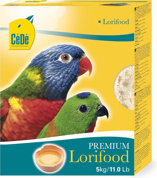 Gele verpakking met "CéDé" logo, twee kleurrijke loripapegaaien, "PREMIUM Lorifood 5kg" en een eidooier.