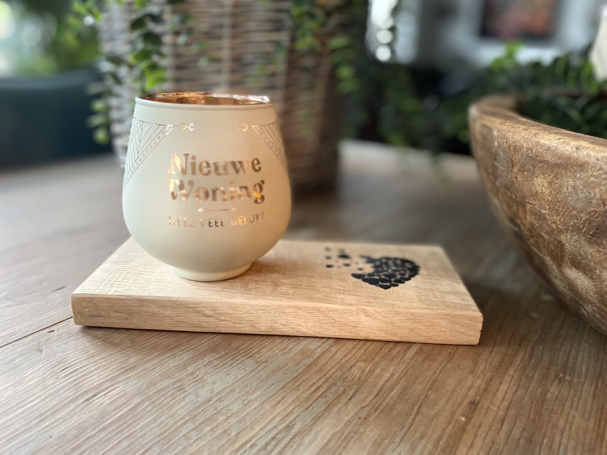 Creaties van hier Nieuwe woning - Kaarsen - Theelichthouder met Plankje - Glas - 9,4x8,9 cm
