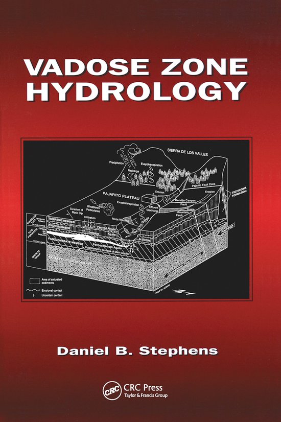 Boekomslag met de titel Vadose Zone Hydrology. Diagram toont de hydrologie van de vadoszone met lagen gesteente en waterstromen.