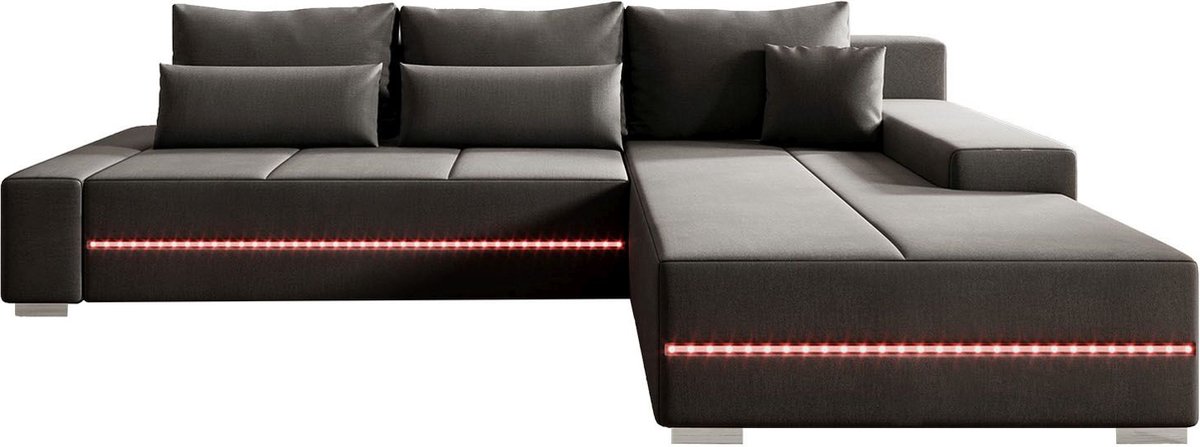 Gestoffeerde Hoekbank Davos - 260 x 72 x 180 cm - Donkergrijs - Incl. LED & Opbergruimte