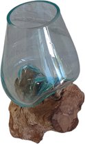 Glas fondu sur bois de teck, Vase sur bois, Fishbowl Medium