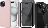 Hoesje geschikt voor iPhone 15 - Privacy Screenprotector FullGuard & Camera Lens Screen Protector Zwart - Back Cover Case SoftTouch Roze