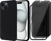 Hoesje geschikt voor iPhone 15 Plus - 2x Privacy Screen Protector FullGuard - Back Cover Case SoftTouch Zwart & Screenprotector