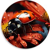 PVC Schuimplaat Muurcirkel - Bloemen - Druppels - Rood - Lieveheersbeestje - 50x50 cm Foto op Muurcirkel (met ophangsysteem)