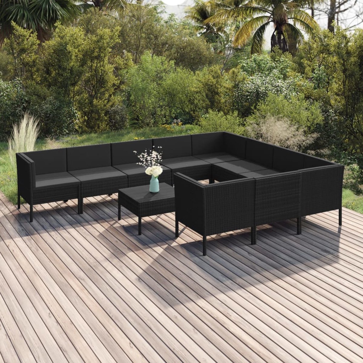 11-delige zwarte poly rattan loungeset met kussens voor buiten - The Living Store.