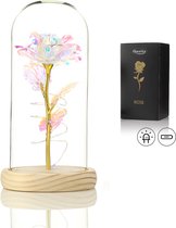 Rose de Luxe en Glas avec LED - Rose dorée sous cloche en Verres - Fête des mères - Connue de La Beauty et la Bête - Cadeau pour la mère de son amie - Galaxy Rose - LED couleur - Base lumineuse - Qwality