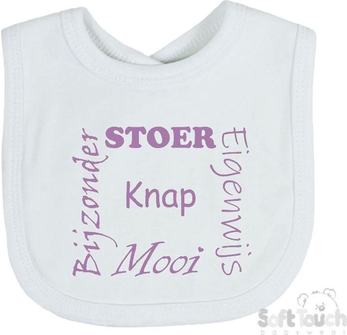 Goedkoopste Soft Touch Slabber Slabbetje Slab Stoer Eigenwijs Mooi Bijzonder Knap Unisex Katoen Wit/lila Maat 33x22 Cm
