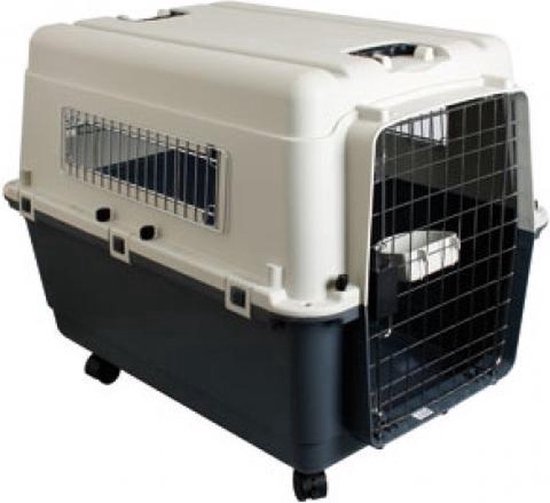 Donkergrijze en witte transportbox voor honden met metalen deuren en ventilatieroosters. Verkrijgbaar in XL formaat.