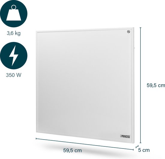 Infrarood paneel – Princess Elektrische kachel 350W – 60 x 60cm - Infrarood kachel - Infrarood Verwarmingspaneel 348035 – Inclusief mobiele app - WiFi - Smart- met App - Vrijstaand/Wandmontage - Energiezuinig - Infrarood paneel verplaatsbaar - Wit