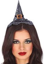 Halloween heksenhoed - mini hoedje op diadeem met sluier - one size - zilver - meisjes/dames