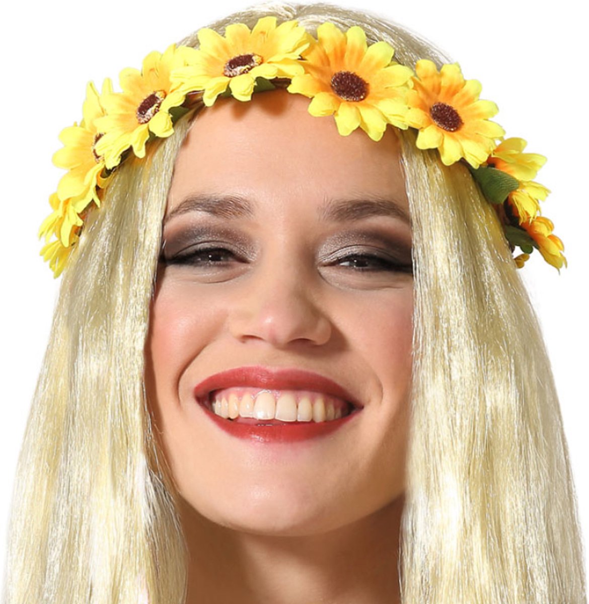 Atosa Verkleed haarband met bloemen - geel - meisjes/dames - Hippie/Flower Power - Atosa