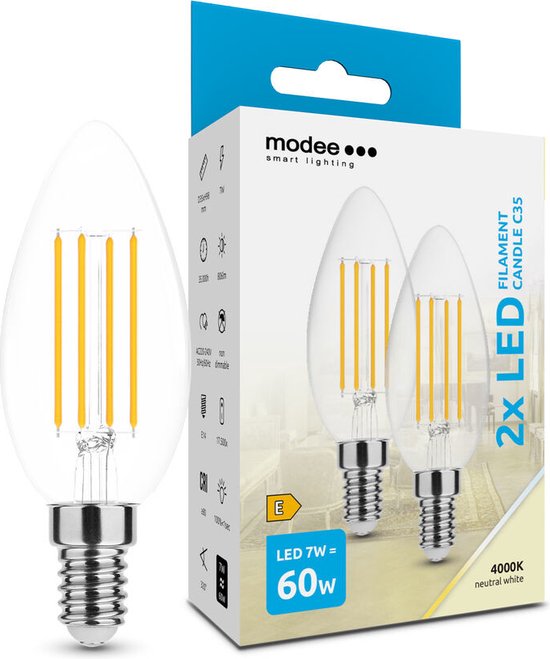 Modee Lighting - 2-PACK LED Filament kaarslamp - E14 fitting - C35 - 7W vervangt 60W - 4000K warm wit licht