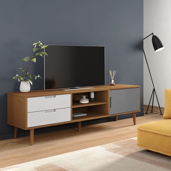 The Living Store MOLDE Tv-meubel - 158 x 40 x 49 cm - Bruin - Massief grenenhout UV-vernis